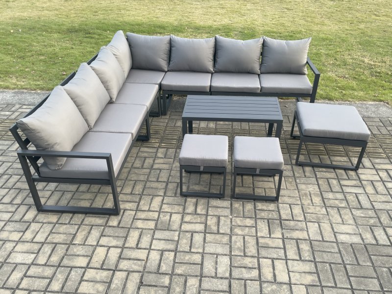 Fimous Aluminium Outdoor Garden Furniture Set Lounge Corner Sofa Oblong Coffee Table Sets with 3 Footstools Dark Grey