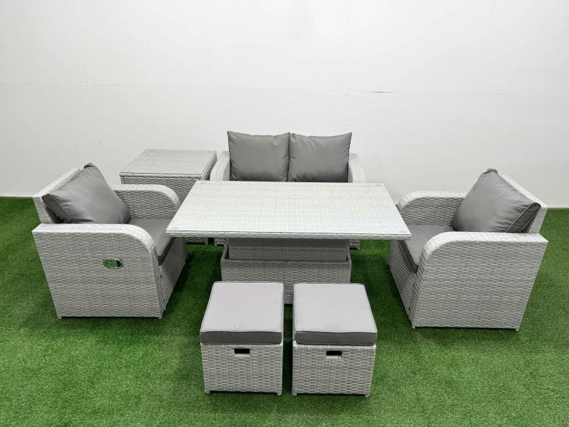 Fimous Light Grey PE Wicker Rattan Garden Furniture Set Sofa Set Reclining Chair Adjustable Lifting Dining or Coffee Table 6 Seater 2 Small Stools Side Table