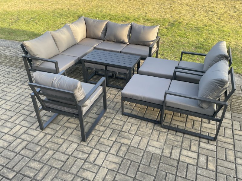 Fimous 12 Seater Aluminium Outdoor Garden Furniture Set Patio Lounge Sofa with Oblong Coffee Table Chair 2 Small Footstools Big Footstool Dark Grey