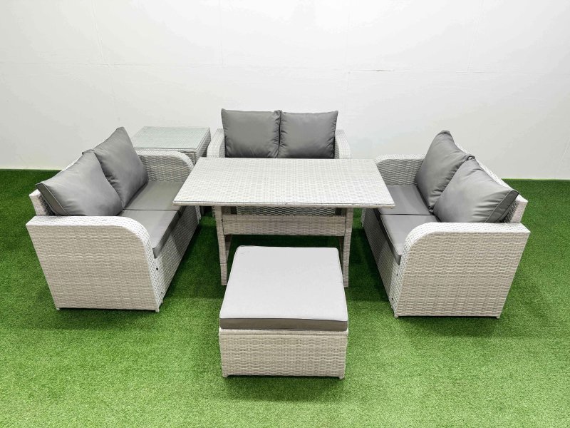 Fimous 7 Seater PE Wicker Rattan Furniture Sofa Sets with Rectangular Dining Table 2 Seater Love Sofa Big Footstool Side Table Light Grey