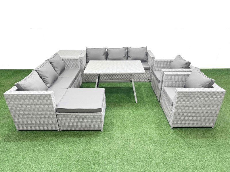 Fimous 9 Seater Garden Furniture Set PE Ratten Garden Sofa Set with Rectangular Dining Table Big Stool Side Table Light Grey