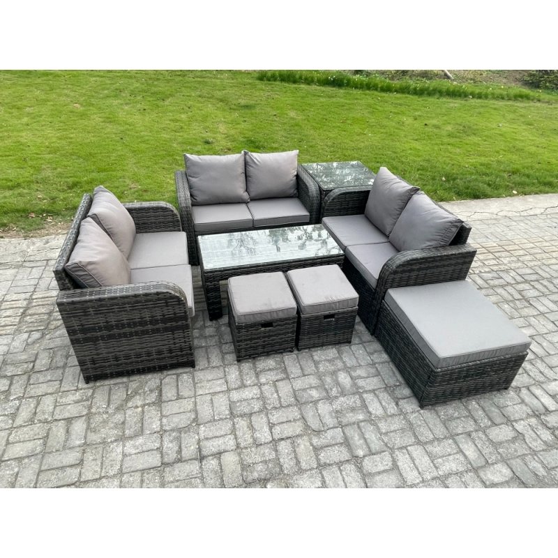 Fimous Outdoor Garden Furniture Sets 8 Pieces Wicker Rattan Furniture Sofa Sets with Rectangular Coffee Table Love seat Sofa 3 Footstools Side Table