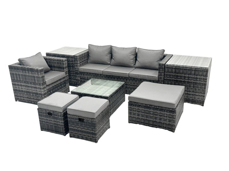 Fimous Outdoor Rattan Garden Furniture Set 7 Seater Patio Lounge Sofa Set with Armchair Square Coffee Table 2 Side Tables 3 Footstools Dark Grey Mixed