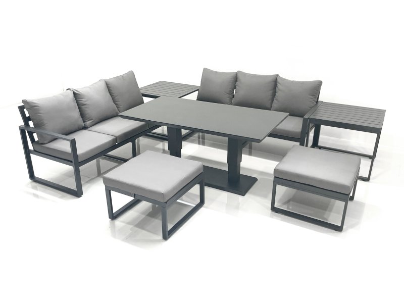 Fimous 8 Seater Aluminium Outdoor Garden Furniture Set with Adjustable Rising Lifting Dining Table 3 Seater Sofa 2 Big Footstool 2 Side Tables Dark Grey