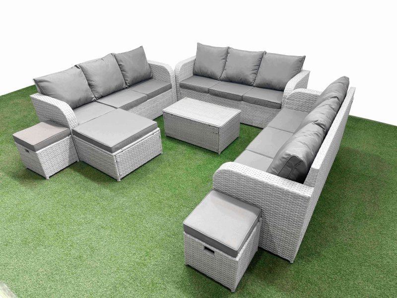 Fimous PE Rattan Lounge Sofa Set 12 Seater Outdoor Garden Furniture Set with Rectangular Coffee Table 3 Seater Sofa 3 Stools Light Grey