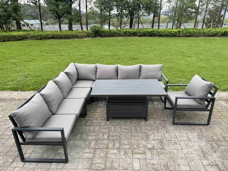 Fimous 8 Piece L-shaped Garden Furniture Set 9-Seater Aluminium Outdoor Dining Set with Adjustable Rising Lifting Dining Table 2 Small Footstools Dark Grey