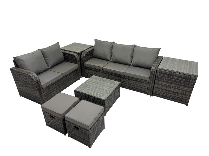 Fimous Wicker PE Rattan Garden Outdoor Furniture Set Love Sofa Square Coffee Table Set with 2 Side Tables 2 Small Stools Dark Grey Mixed