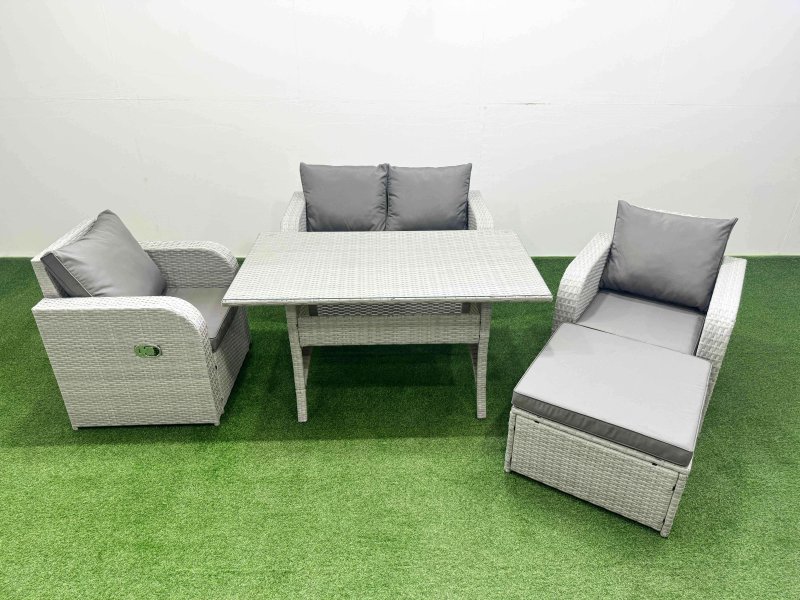 Fimous Light Grey PE Wicker Rattan Garden Furniture Set Sofa Set Reclining Chair Rectangular Dining Table 5 Seater With Footstool