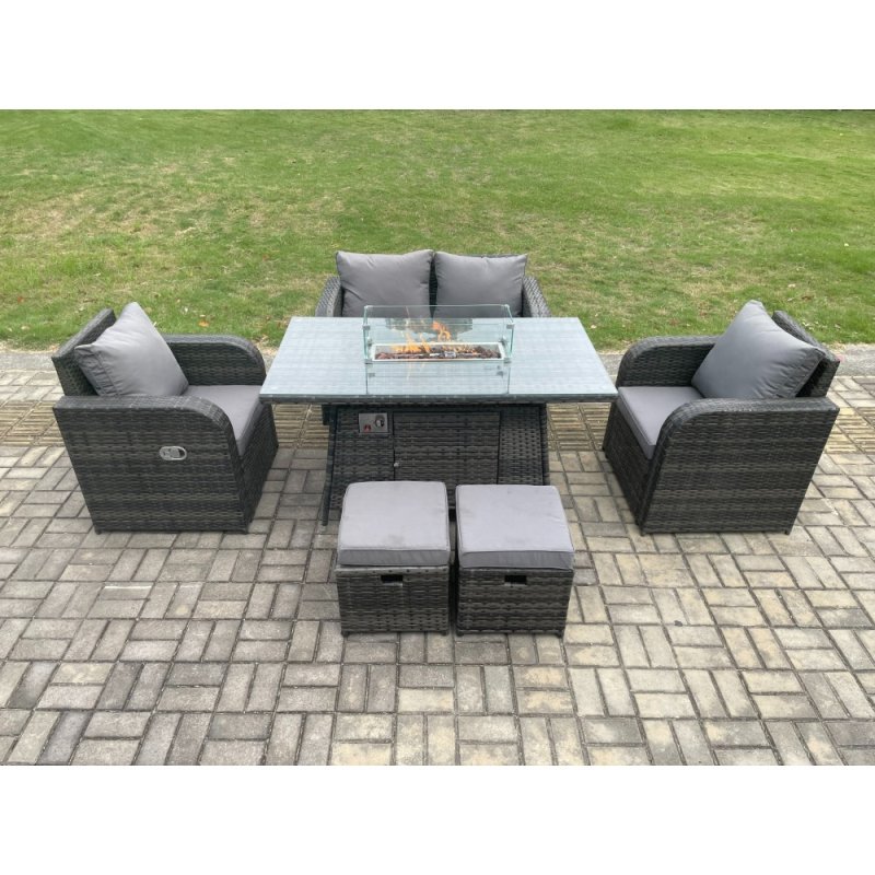 Fimous Rattan Outdoor Garden Furniture Sofa Set Gas Fire Pit Dining Table Gas Heater with Love Sofa 2 Small Footstool Dark Grey Mixed