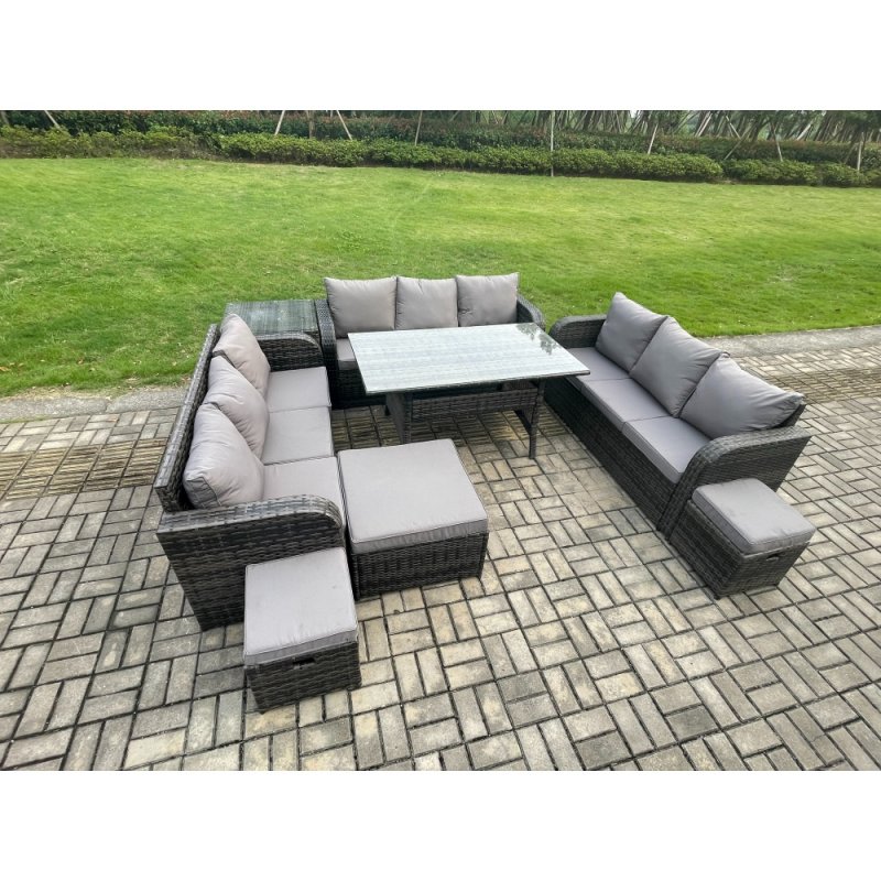 Fimous Rattan Garden Furniture Set with Oblong Rectangular Dining Table 3 Footstools Side Table 11 Seater Outdoor Lounge Sofa Set Dark Grey Mixed