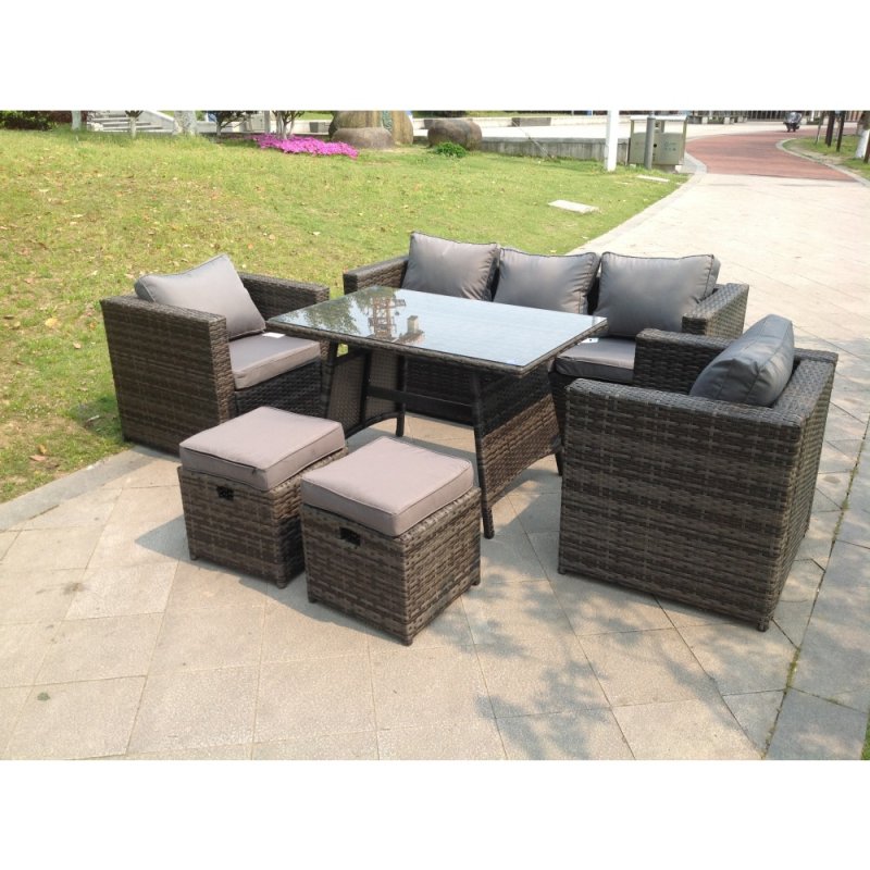 Fimous Dark Mixed Grey Rattan Garden Outdoor Sofa Set Chairs Rectangular Dining Table 2 Small Footstools 7 Seater