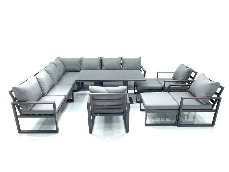 Fimous 12 Seater Outdoor Aluminum Garden Furniture Set Corner Sofa 3 Chair 2 Big Footstools Adjustable Rising Lifting Dining Table Sets Dark Grey