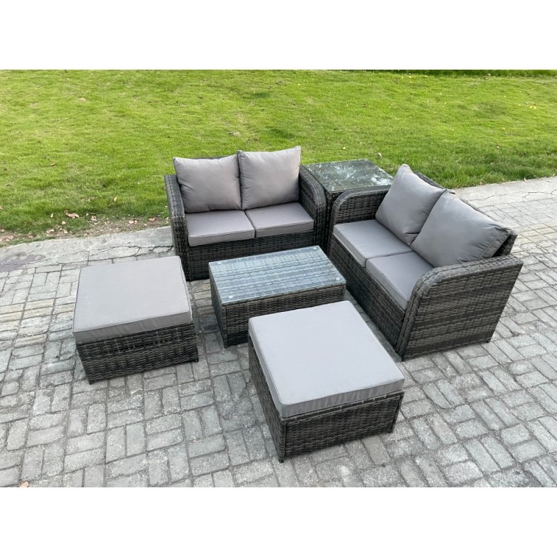Fimous 6 Seater Garden Furniture Set Rattan Outdoor Lounge Sofa Chair With Tempered Glass Table 32 Big Footstools Side Table Dark Grey Mixed