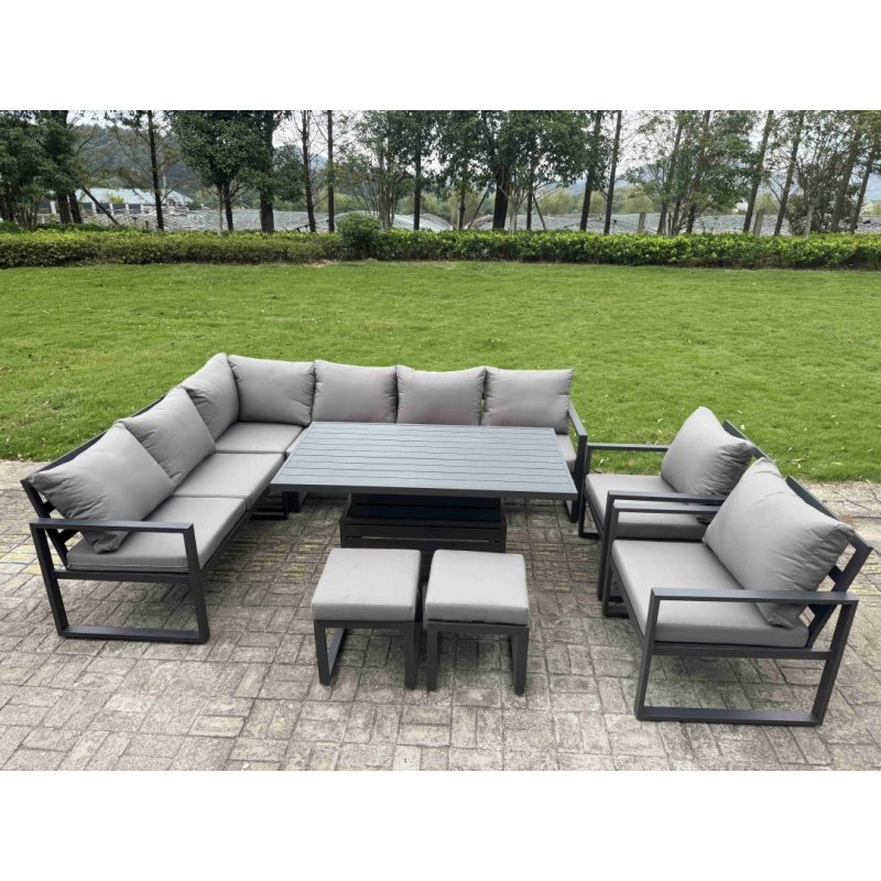 Fimous 7 Pieces Aluminium Garden Furniture Sets with Adjustable Rising Lifting Dining Table Chair 8 Seater Corner Sofa Set Dark Grey