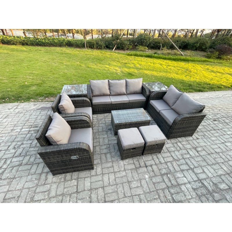 Fimous Patio Garden Furniture Sets Wicker 9 Seater Outdoor Rattan Furniture Sofa Sets with Rectangular Coffee Table Reclining Chair Loveseat Sofa 2 Side Tables 2 Small Footstools