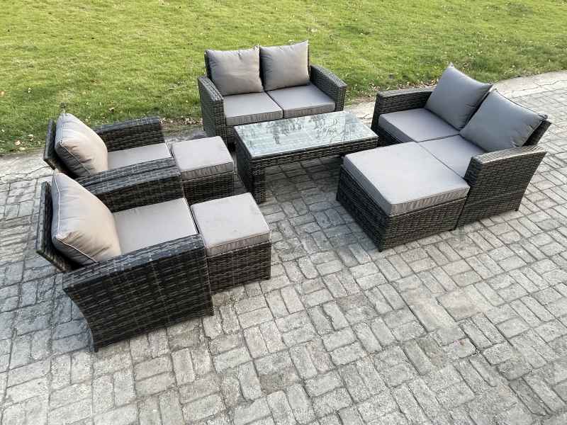 Fimous 9 Seater Dark Grey Mixed High Back Rattan Sofa Set Coffee Table Garden Furniture Outdoor Patio With Love Sofa Arm Chairs 3 Footstools
