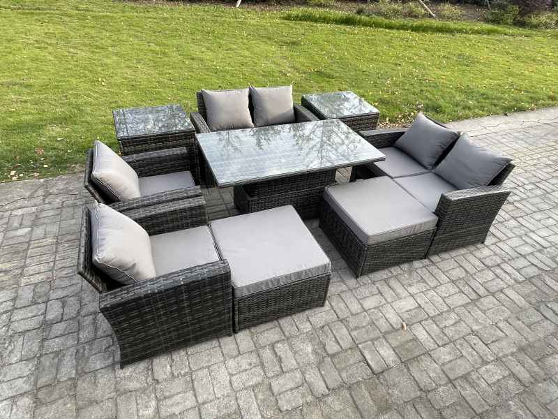 Fimous Outdoor Garden Furniture Sets 9 Pieces Wicker Rattan Furniture Sofa Dining Table Set with 2 Big Footstool 2 Side Tables Dark Grey Mixed