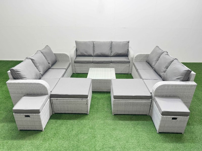 Fimous 13 Seater Outdoor Garden Furniture Set PE Rattan Lounge Sofa Set with Coffee Table 3 Seater Sofa 4 Footstools Light Grey