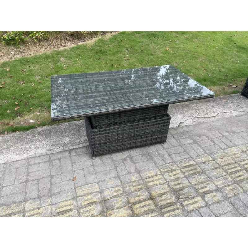 Fimous 7 Seater Rattan Furniture Garden Dining Set Outdoor Height Adjustable Rising lifting Table Love Sofa Chair With 2 Big Footstool