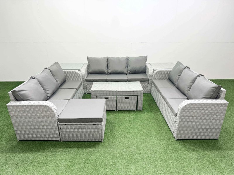 Fimous PE Rattan Lounge Sofa Set 12 Seater Outdoor Garden Furniture Set with Oblong Coffee Table 3 Seater Sofa 3 Stools 2 Side Table Light Grey