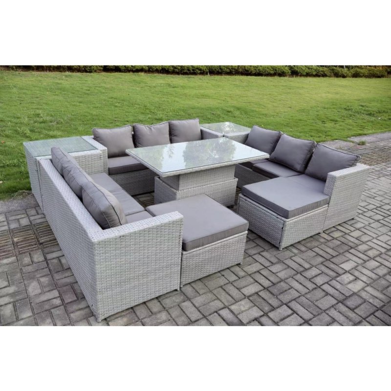 Fimous 11 Seater PE Rattan Garden Funiture Set Outdoor Height Adjustable Rising Lifting Table Sofa Dining Set with 2 Side Tables 2 Big Footstools