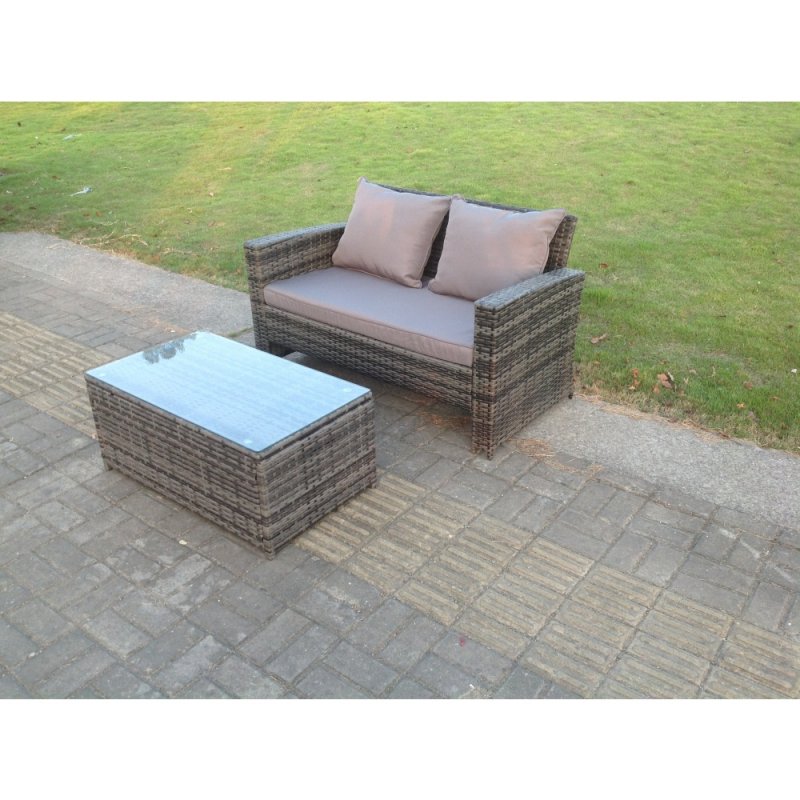 Dark Mixed Grey High Back Rattan Garden Furniture 2 Seater Love Seat Sofa With Oblong Coffee Table