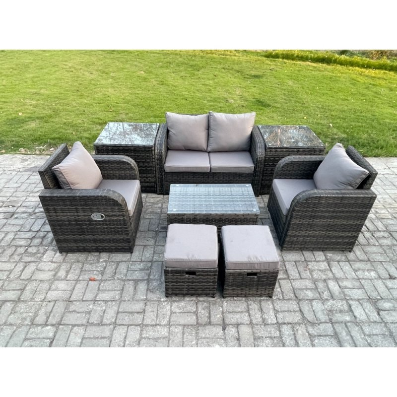 Fimous Outdoor Lounge Sofa Set 6 Seater Rattan Garden Furniture Set with Rectangular Coffee Table 2 Small Footstools 2 Side Tables Dark Grey Mixed