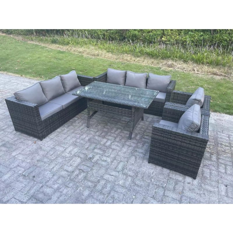 Fimous Outdoor Lounge Sofa Rattan Garden Furniture Set Patio Armchair and Rectangular Dining Table 8 Seater Dark Grey Mixed