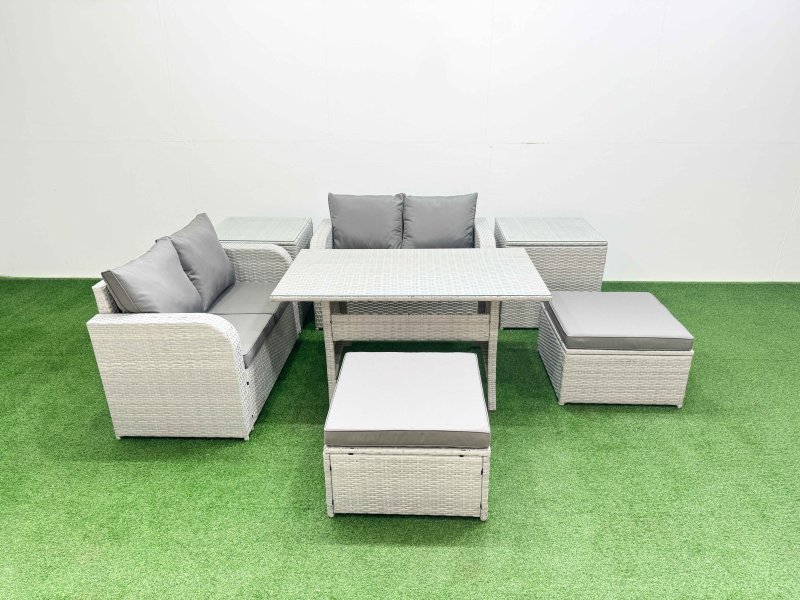 Fimous 6 Seater Outdoor Love Sofa Set Rattan Garden Furniture Set with Rectangular Dining Table 2 Footstool 2 Side Tables Light Grey