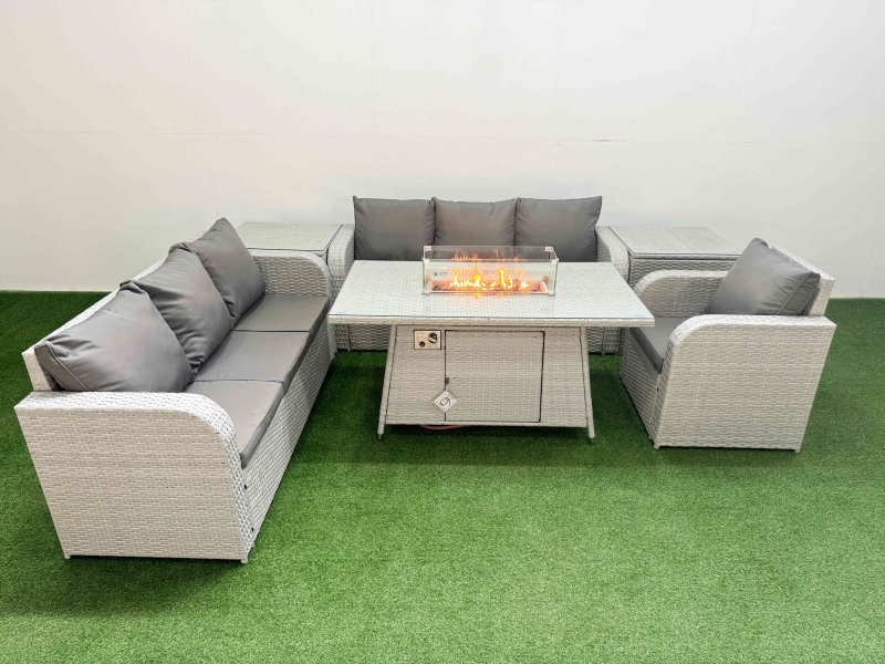 Fimous 7 Seater Poly Rattan Outdoor Garden Furniture Firepit Dining Table Sofa Set Patio 3 Seater Sofa Reclining Chair 3 Seater Sofa 2 Side Table Light Grey