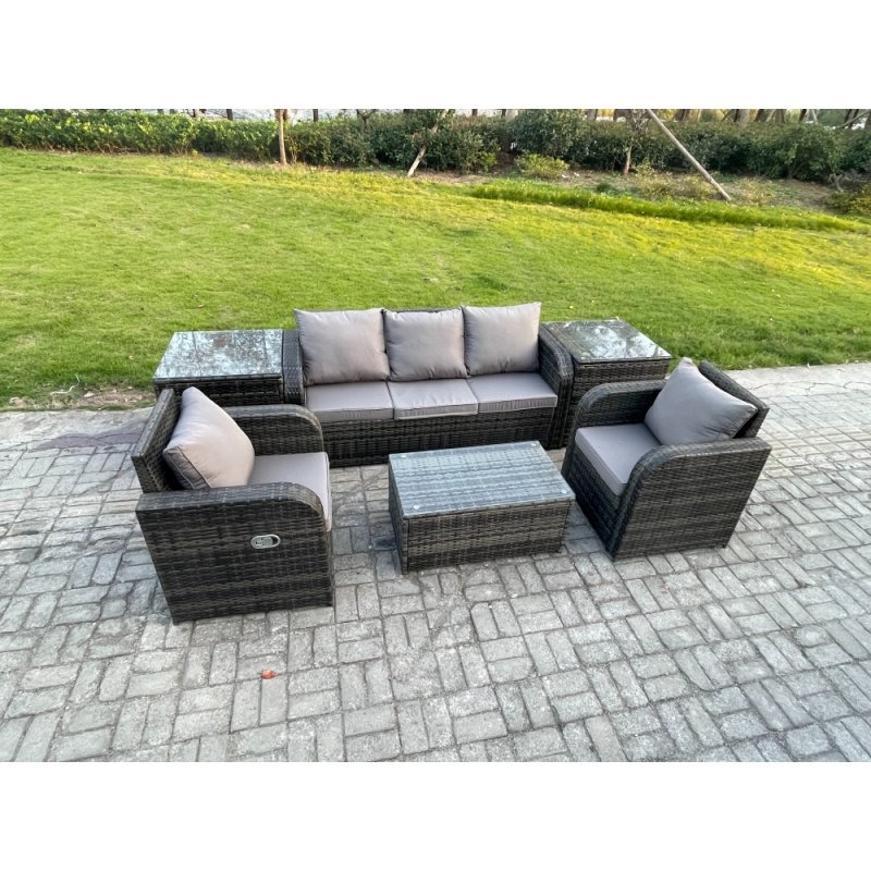 Fimous Outdoor Rattan Garden Furniture Set Patio Lounge Sofa Set with Reclining Chair Rectangular Coffee Table 2 Side Tables Dark Grey Mixed