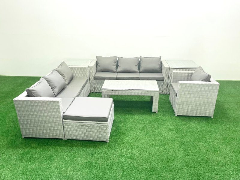 Fimous Wicker PE Rattan Sofa Garden Furniture Set with Oblong Coffee Table Armchair Big Footstool 2 Side Tables Light Grey Mixed
