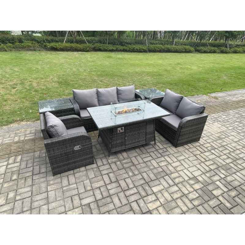 Fimous Garden Patio Furniture Wicker Rattan Gas Fire Pit Table and Sofa Chair set with 2 Side Tables