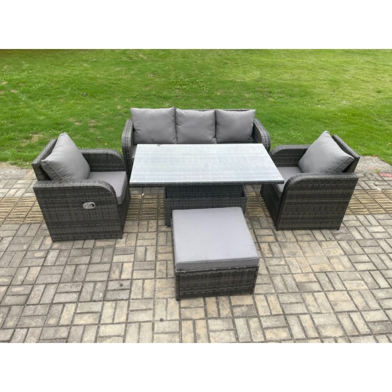 Fimous 6 Seater Rattan Outdoor Garden Furniture Sets Height Adjustable Rising lifting Dining Table Lounge Sofa Set With Big Footstool Dark Grey Mixed