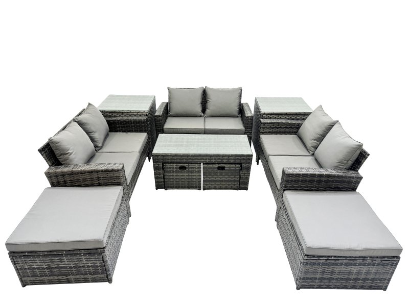 Fimous Outdoor Love Sofa Set 10 Seat Rattan Garden Furniture Set with Oblong Coffee Table 4 Stools 2 Side Table Dark Grey Mixed