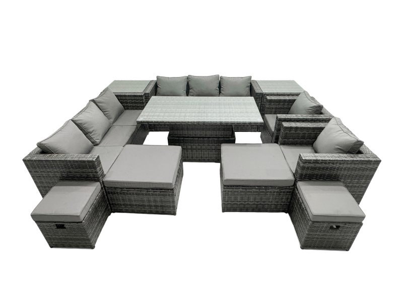 Fimous Rattan Dining Table Sofa Set with 2 Side Tables 2 Armchair 4 Stools Outdoor 12 Seat Garden Furniture Set Dark Grey Mixed