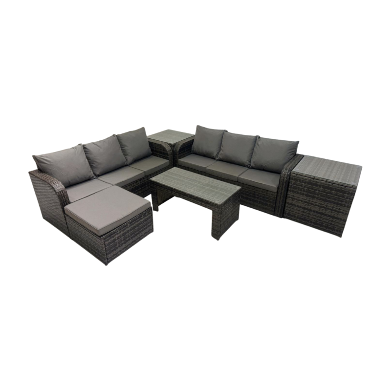 Fimous Rattan Garden Outdoor Furniture Set 3 Seater Sofa Coffee Table with Big Footstool 2 Side Tables Dark Grey Mixed
