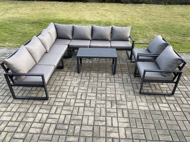 Fimous Aluminium Patio Outdoor Garden Furniture Lounge Corner Sofa Set with Oblong Coffee Table 2 Chairs Dark Grey