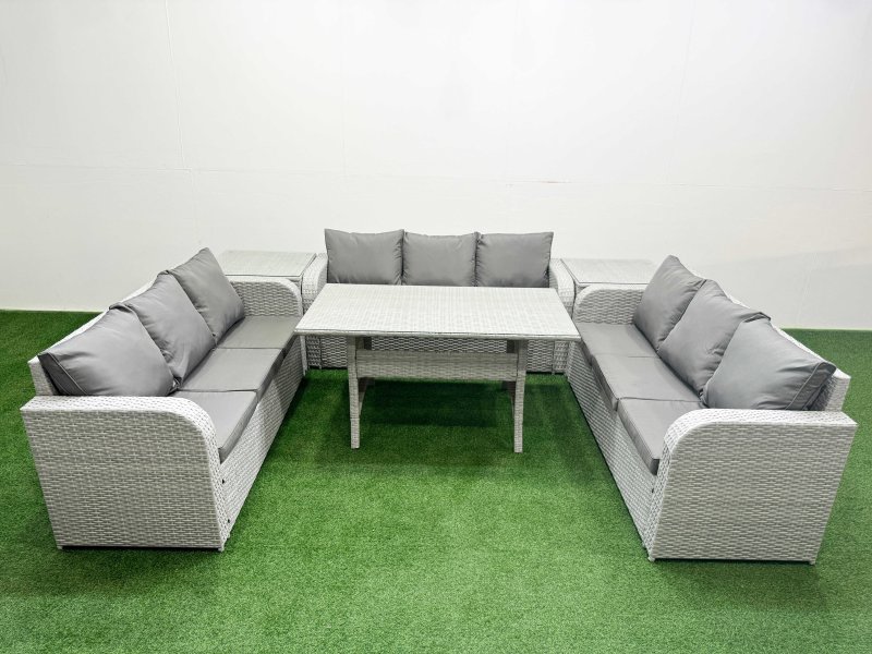 Fimous PE Rattan Lounge Sofa Set 9 Seater Outdoor Garden Furniture Set with Rectangular Dining Table 3 Seater Sofa 2 Side Table Light Grey