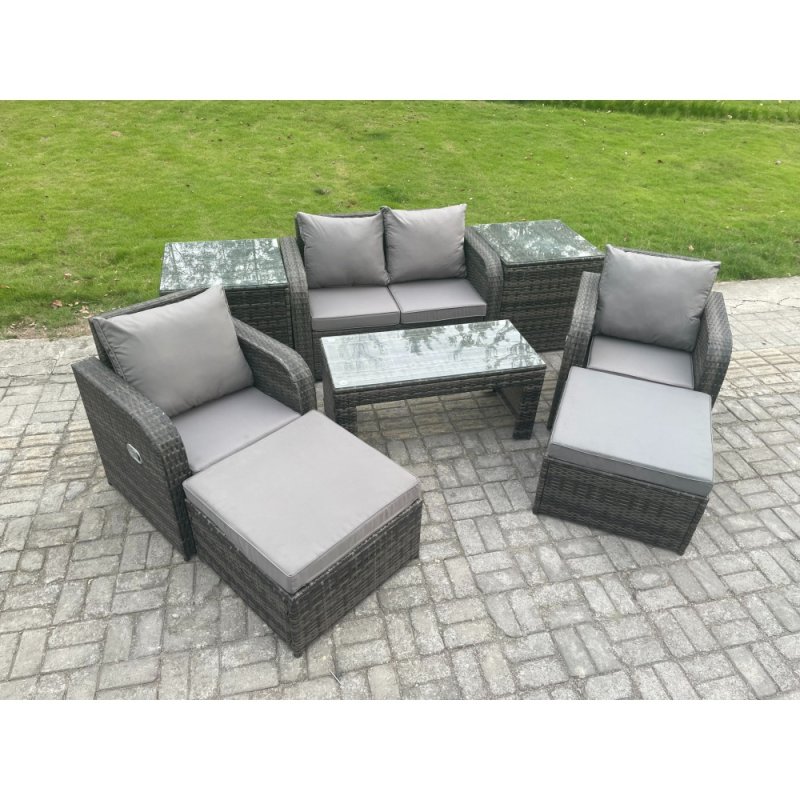 Fimous Wicker PE Rattan Garden Furniture Set Outdoor Lounge Sofa Set with Reclining Chair Coffee Table 2 Side Tables 2 Big Footstool Dark Grey Mixed