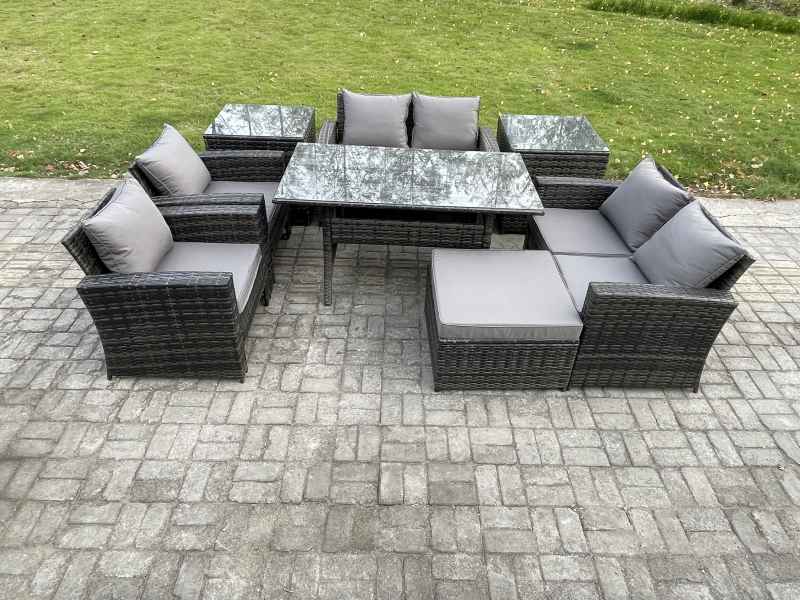 Fimous Rattan Garden Furniture Set Patio Outdoor Lounge Sofa Set with Oblong Dining Table Double Seat Sofa 2 Side Tables Big Footstool Dark Grey Mixed
