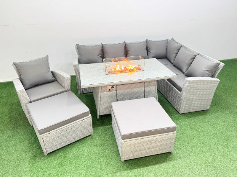 Fimous Rattan Corner Sofa Chair Set Outdoor Furniture Garden Dining Set Gas Fire Pit Table with Temper Glass 2 Big Footstools Light Grey Mixed