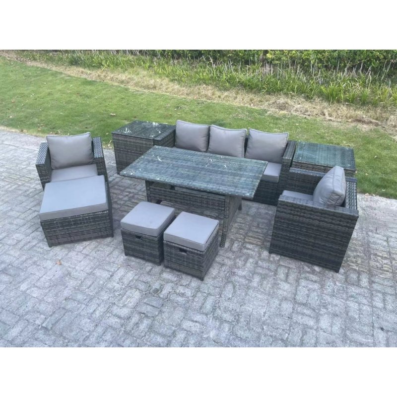 Fimous Outdoor Garden Furniture Set Patio Rattan Rectangular Dining Table Lounge Sofa Chair with 2 Side Table Big Footstool 2 Small Stools 8 Seater Dark Grey Mixed