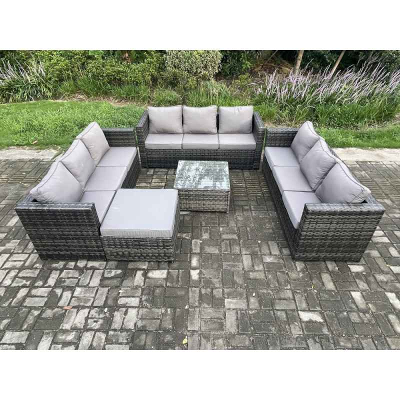Fimous Outdoor Rattan Garden Furniture Set 10 Seater Patio Lounge Sofa Set with Square Coffee Table Big Footstool Dark Grey Mixed