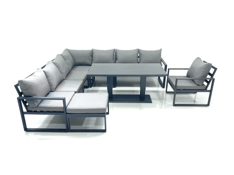 Fimous 9 Seater Outdoor Aluminum Garden Furniture Set Corner Sofa Big Footstool Chair Adjustable Rising Lifting Dining Table Sets Dark Grey