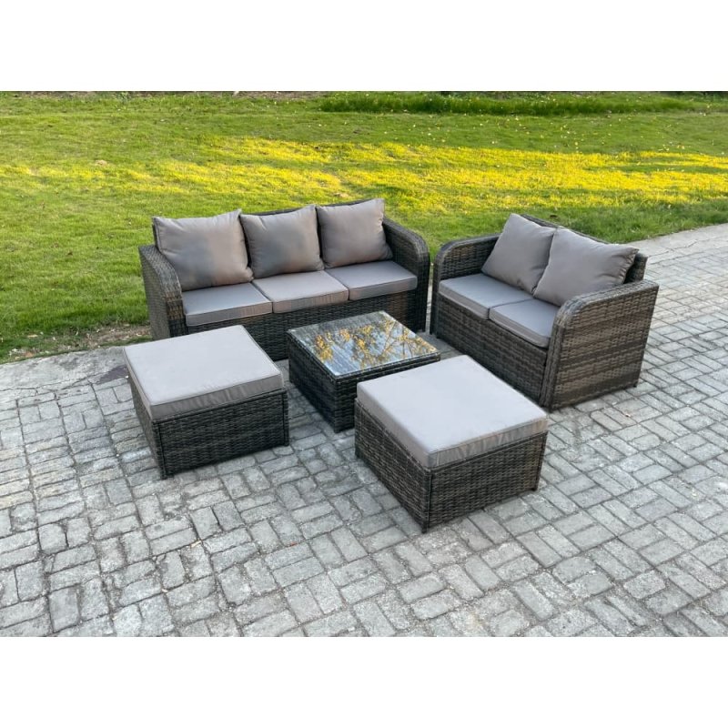 Fimous PE Rattan Garden Furniture Sets 7 Seater Outdoor Lounge Sofa Set Square Coffee Table 2 Big Footstool