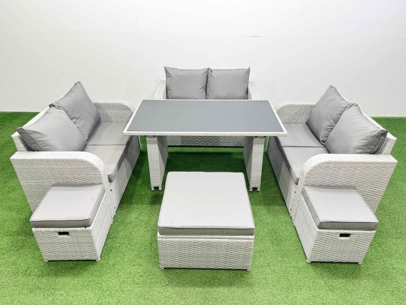 Fimous 9 Seater Patio Garden Furniture Sets with Black Glass Top Dining Table Love Sofa 3 Stool Light Grey