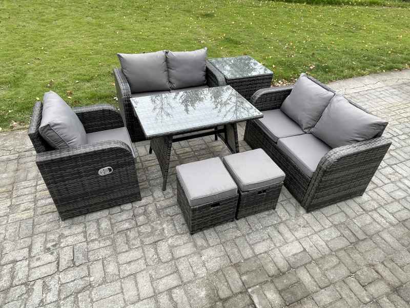 Fimous 7 Pieces Outdoor Garden Dining Sets Rattan Furniture With Dining Table Armchairs Love Sofa Side Table 2 Small Footstools Dark Grey Mixed