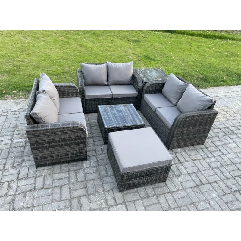 Fimous Outdoor Garden Furniture Sets 7 Seater Wicker Rattan Furniture Sofa Sets with Square Coffee Table Love seat Sofa Big Footstool Side Table