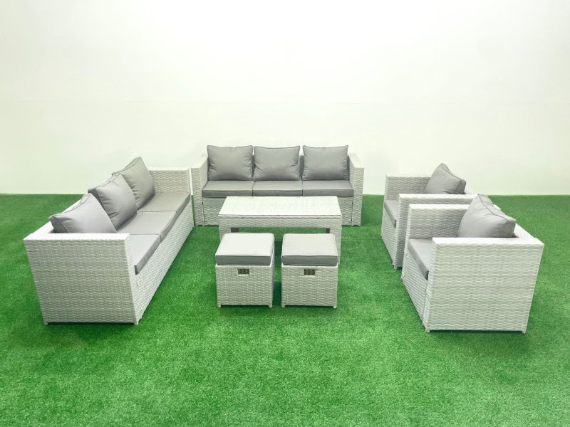 Fimous Outdoor Garden Furniture Rattan Sofa Set with 2 Armchairs Oblong Coffee Table 2 Small Footstools Light Grey Mixed